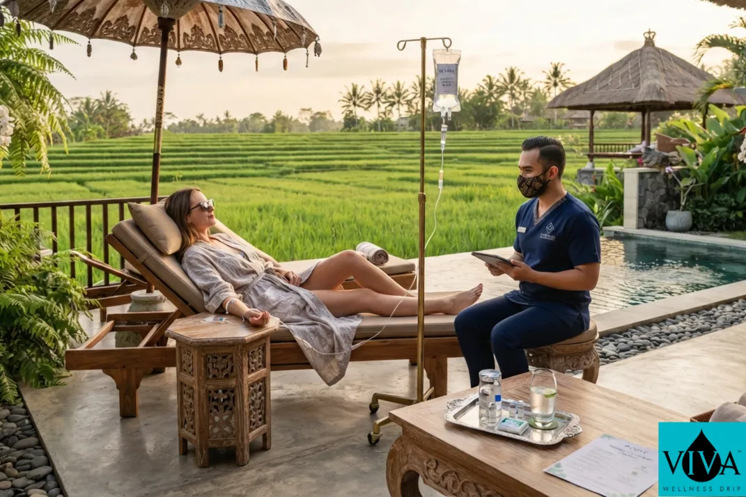 A mobile IV drip therapy session set up on a villa terrace surrounded by rice fields in Canggu, Bali