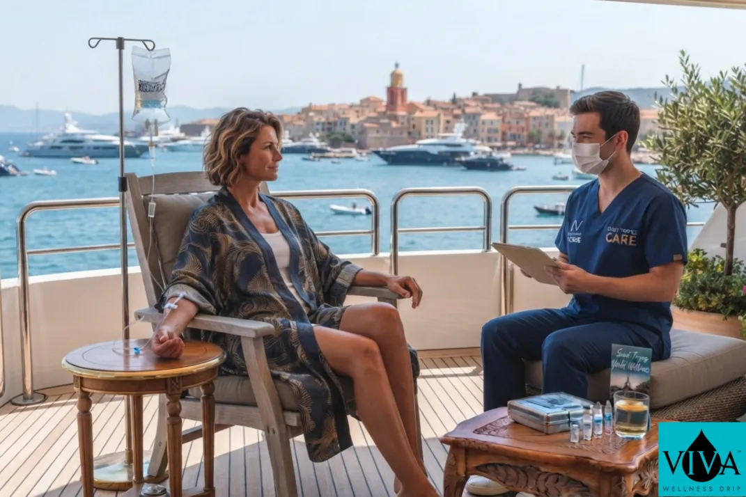 A superyacht IV wellness session set up on deck overlooking the bay of Saint-Tropez
