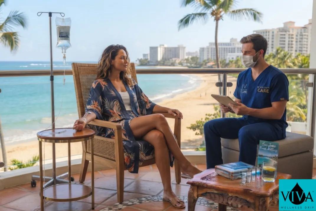 A mobile IV drip therapy session set up on a balcony overlooking Condado Beach in San Juan