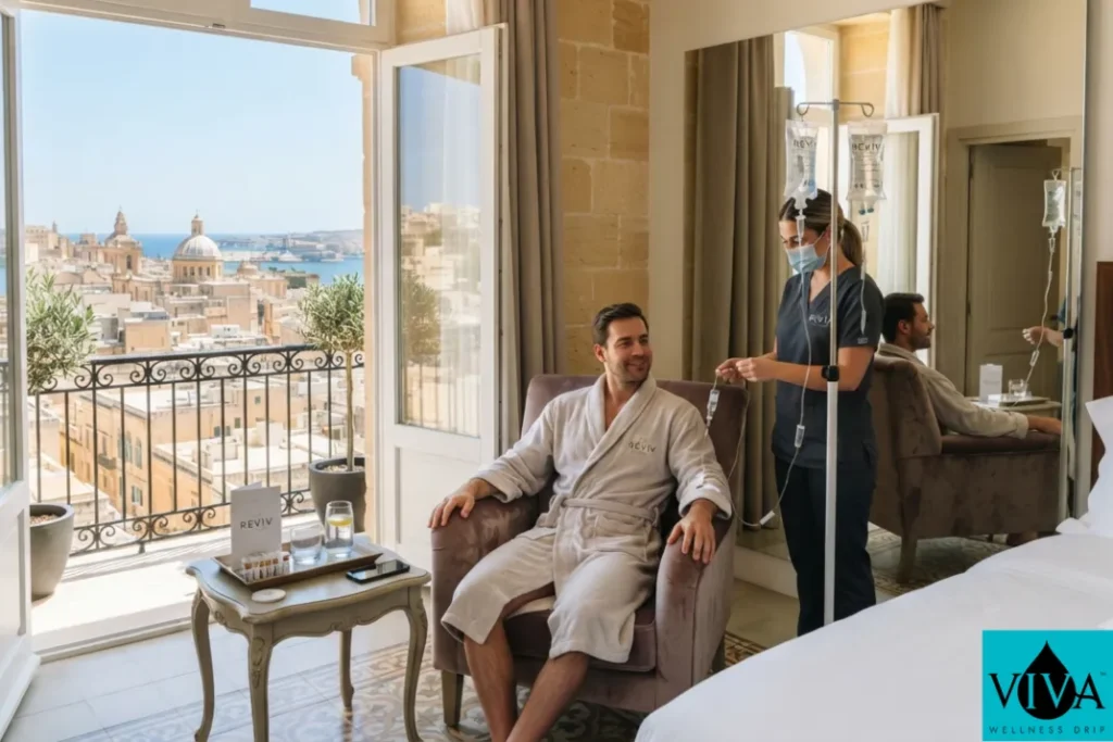 A mobile IV wellness session set up in a Valletta hotel room with a view of the honey-colored limestone rooftops