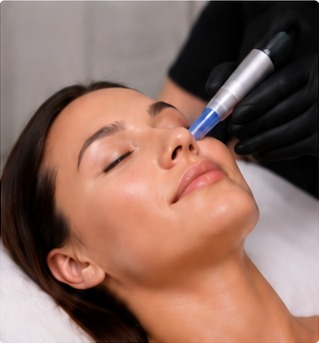 Microneedling pen treatment along the nose and cheek
